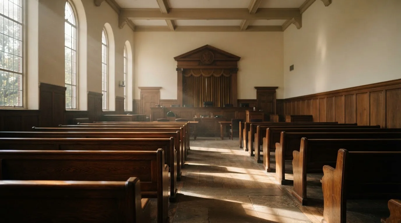 An empty courtroom with wooden benches in morning light