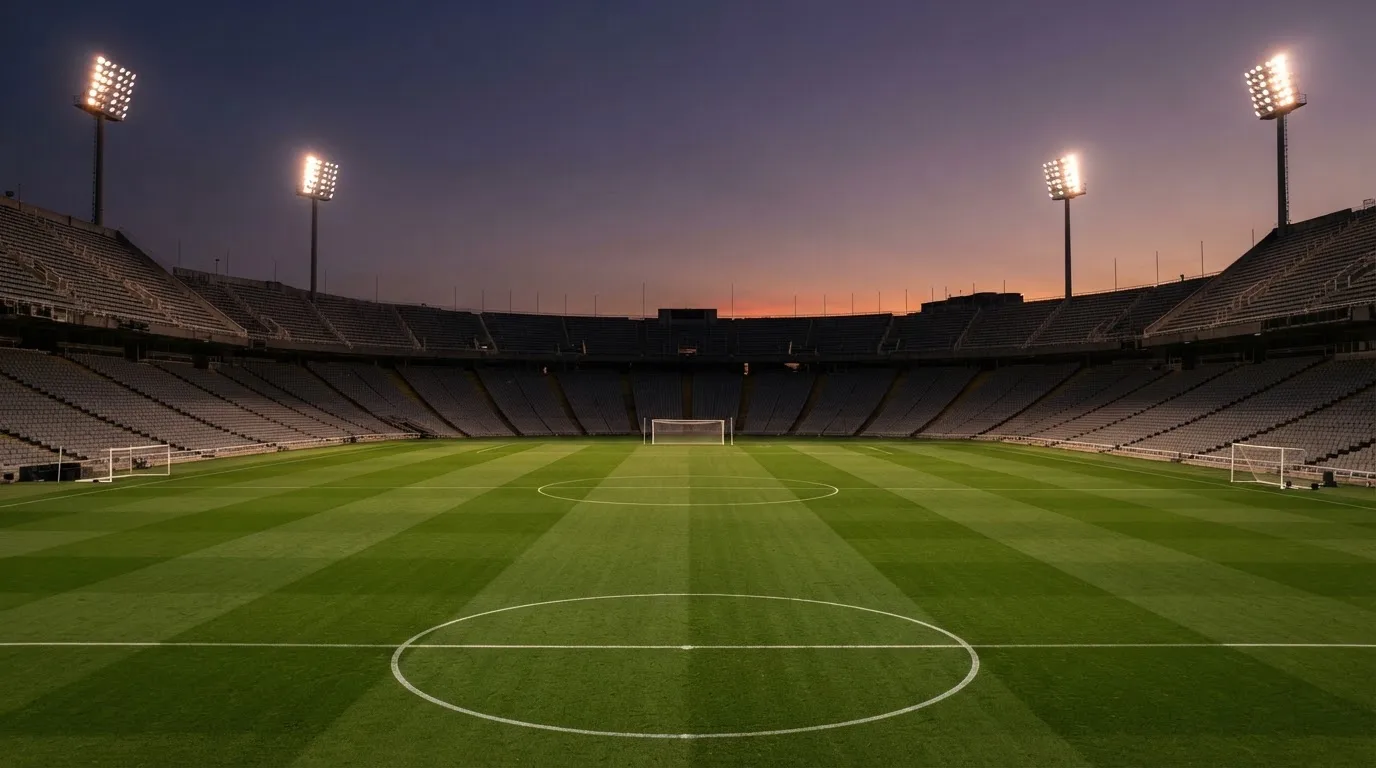 An empty football stadium with floodlight masts at dusk