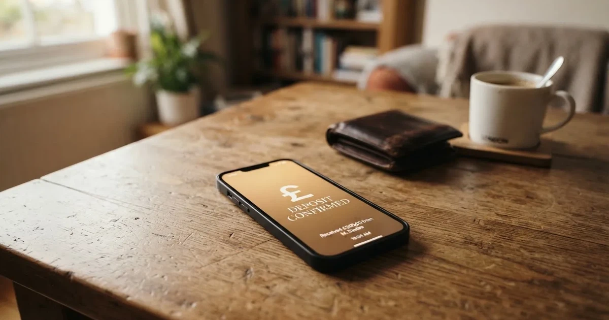 A smartphone on a wooden table beside a wallet and a coffee cup