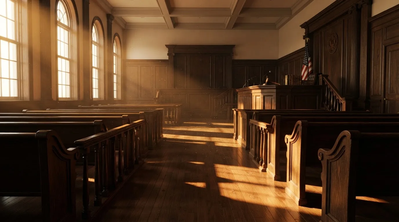 An empty courtroom with wooden benches in morning light