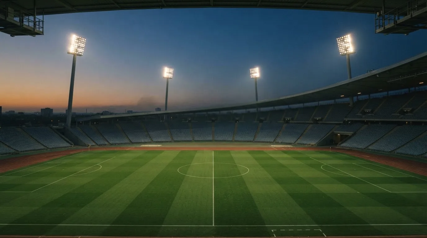 An empty football stadium with floodlight masts at dusk