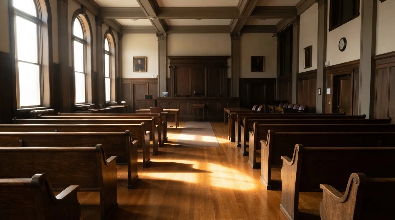 An empty courtroom with wooden benches in morning light