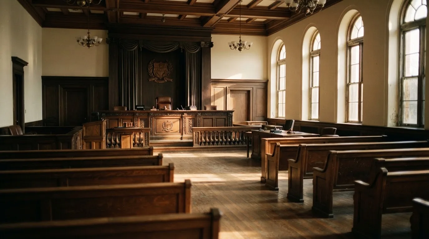 An empty courtroom with wooden benches in morning light