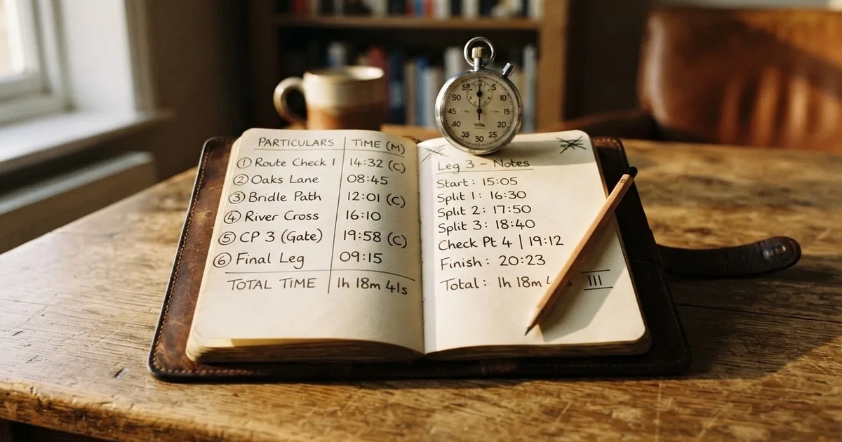 An open notebook with a pencil and a stopwatch on a wooden table