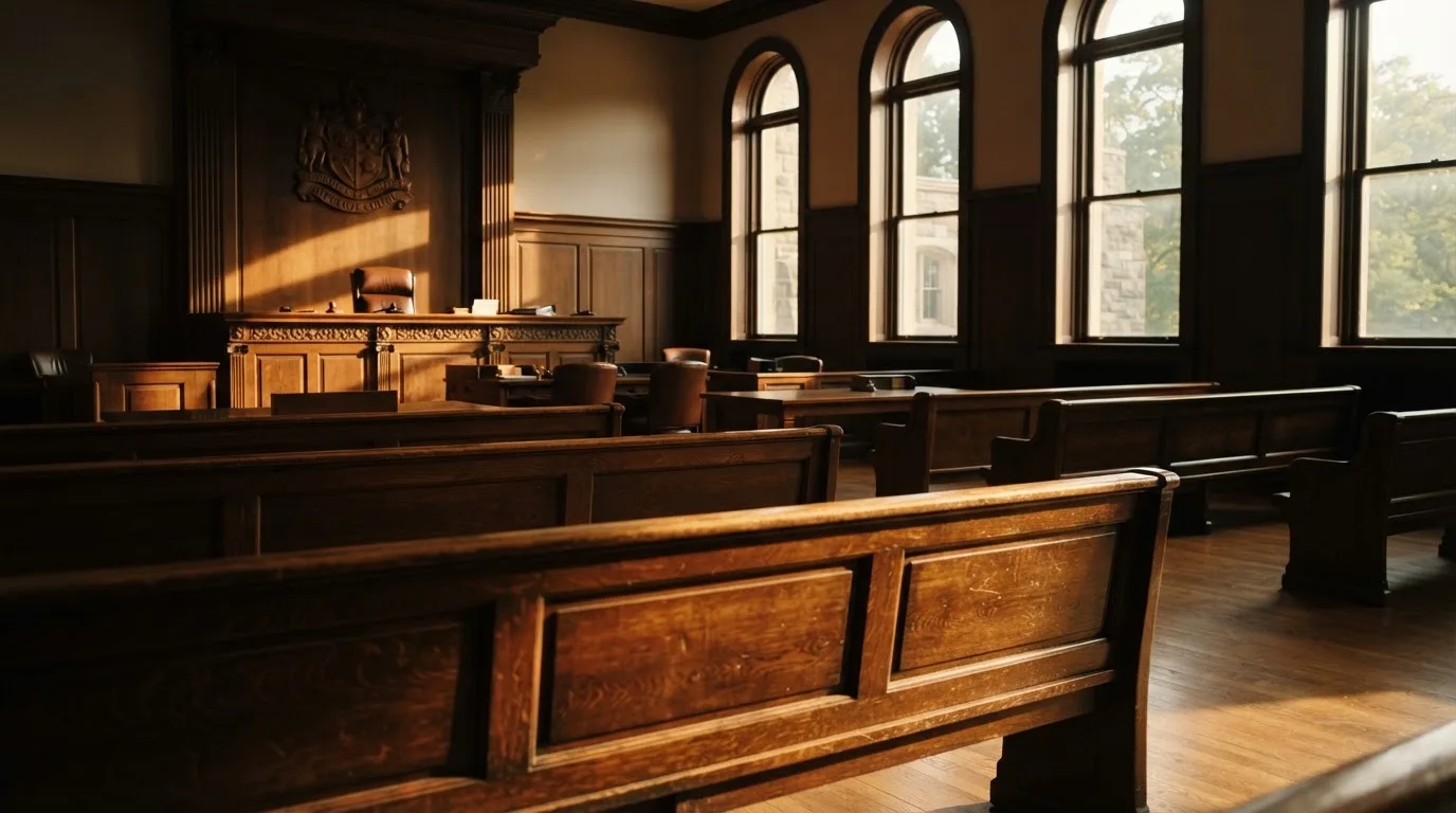 An empty courtroom with wooden benches in morning light
