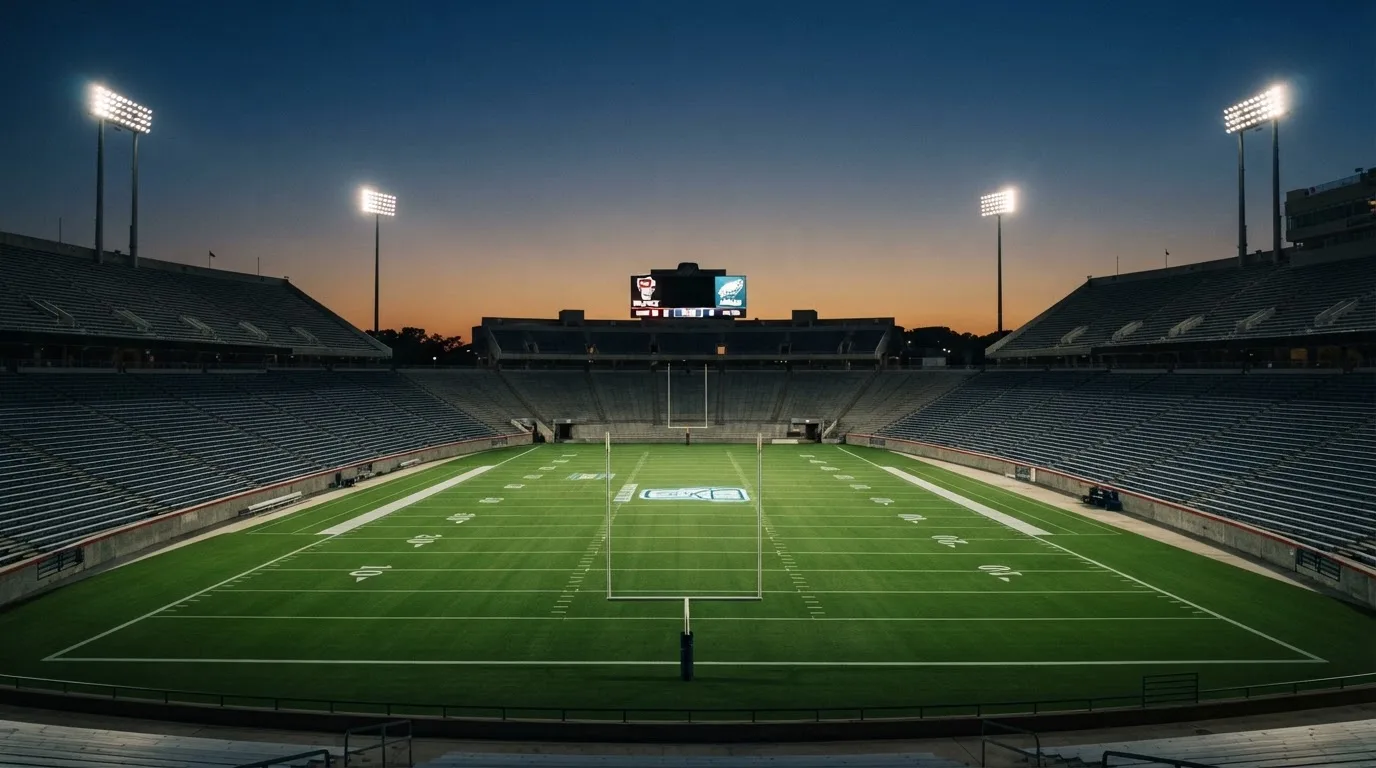 An empty football stadium with floodlight masts at dusk