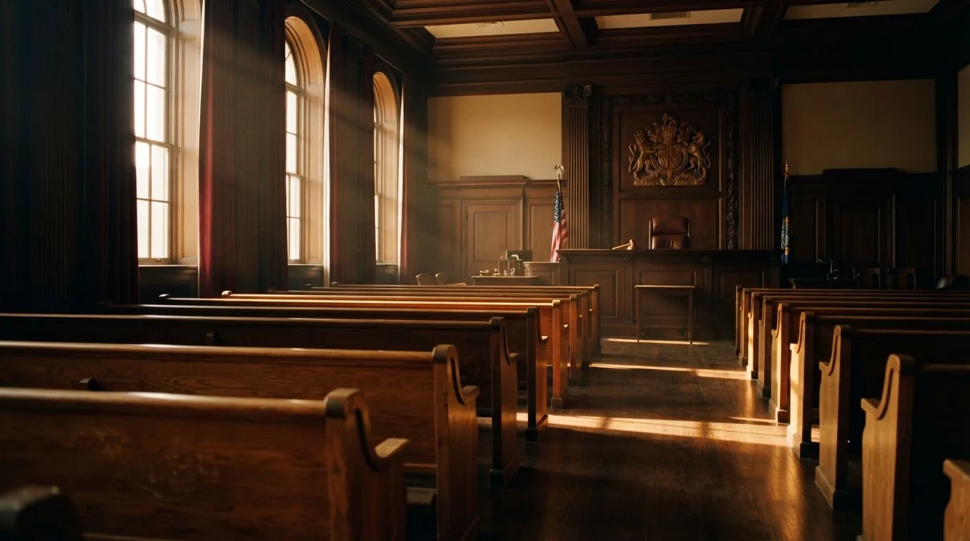 An empty courtroom with wooden benches in morning light