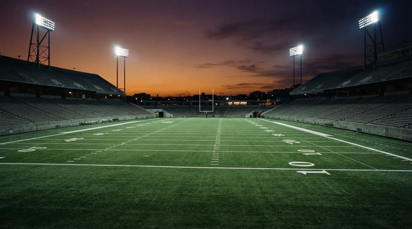 An empty football stadium with floodlight masts at dusk