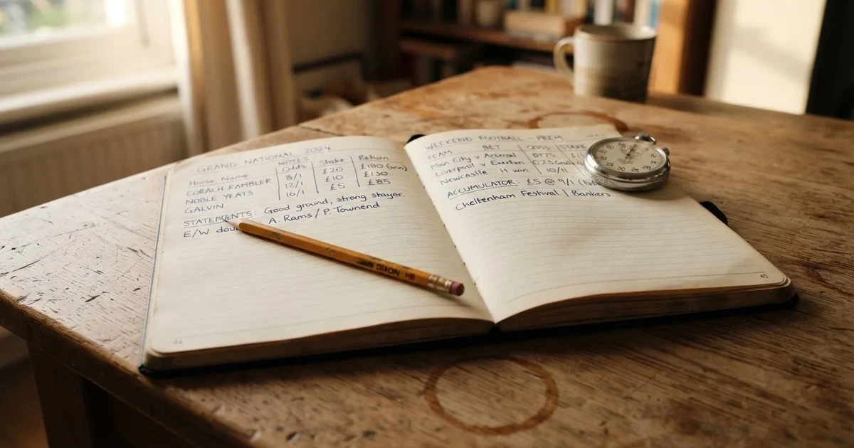 An open notebook with a pencil and a stopwatch on a wooden table