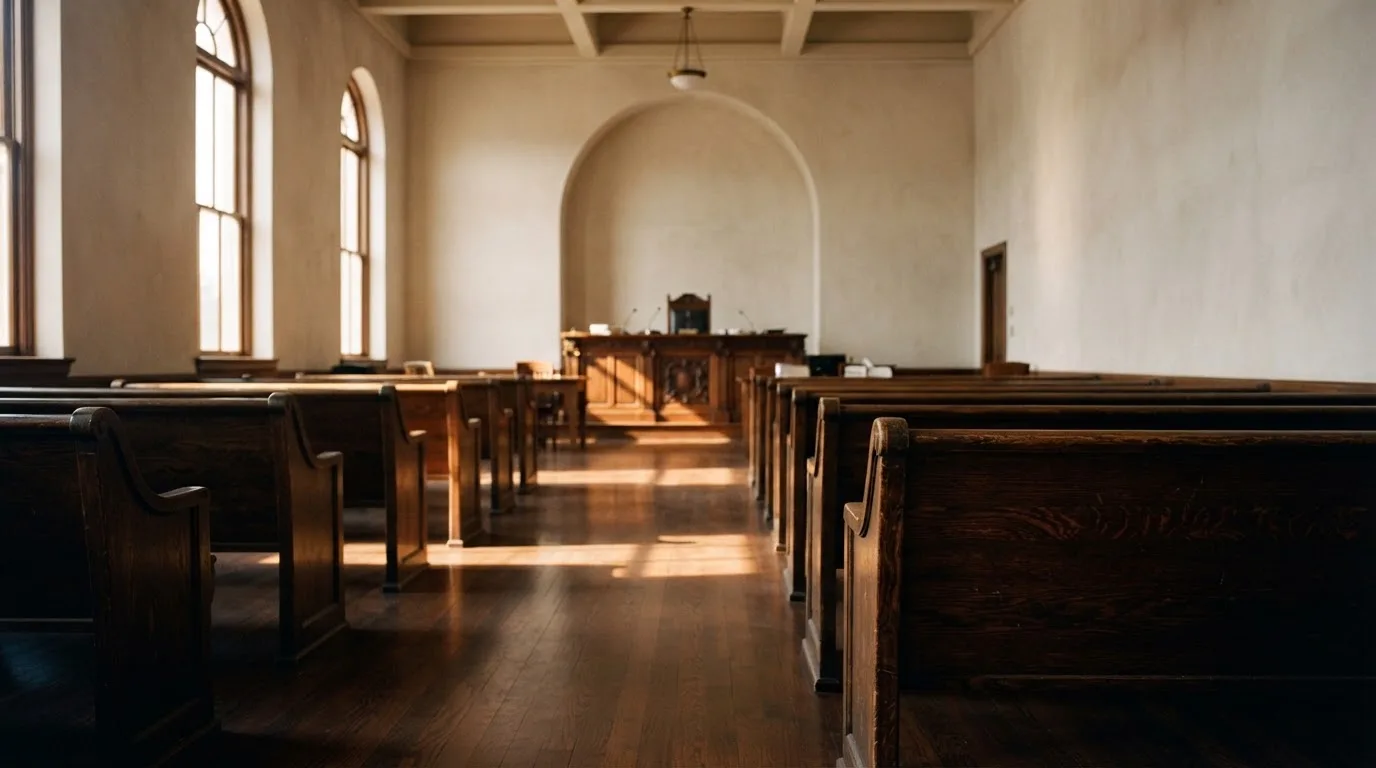 An empty courtroom with wooden benches in morning light