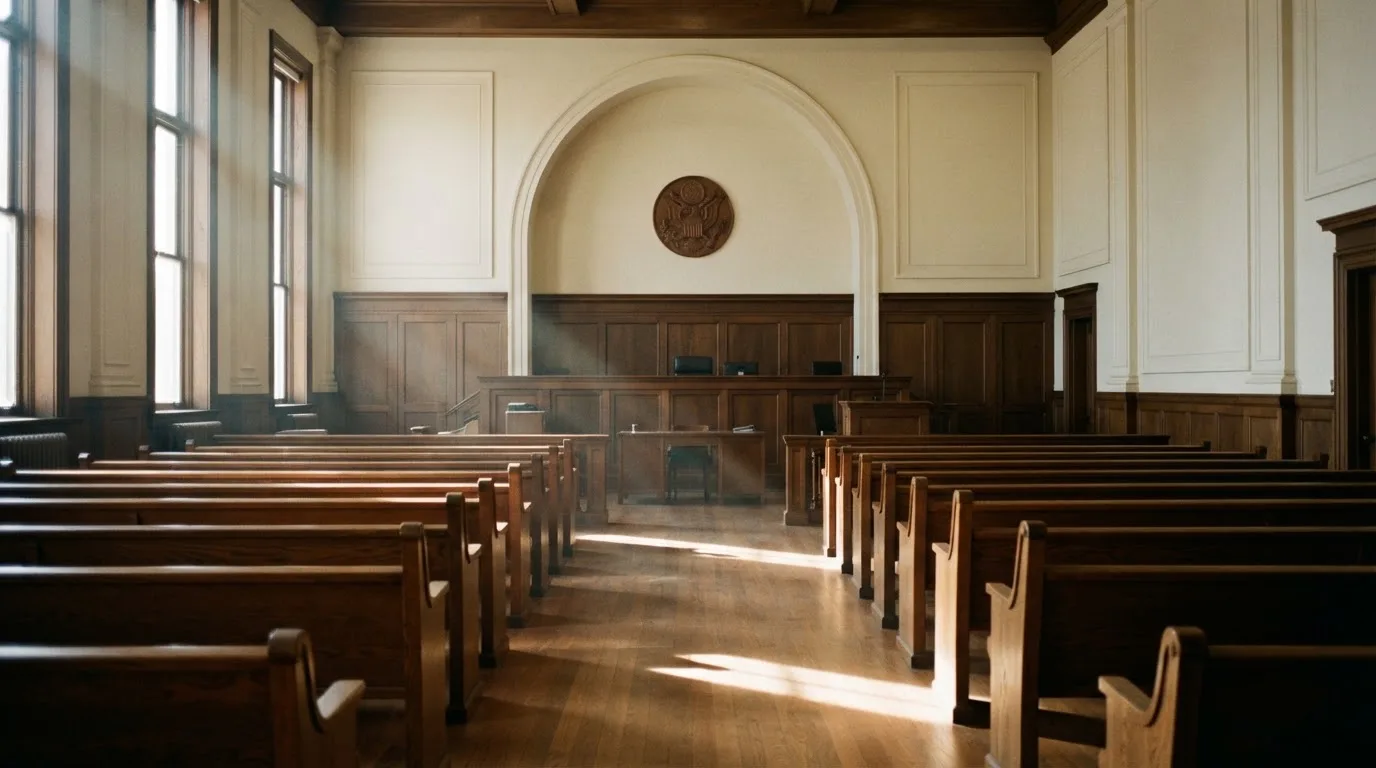 An empty courtroom with wooden benches in morning light