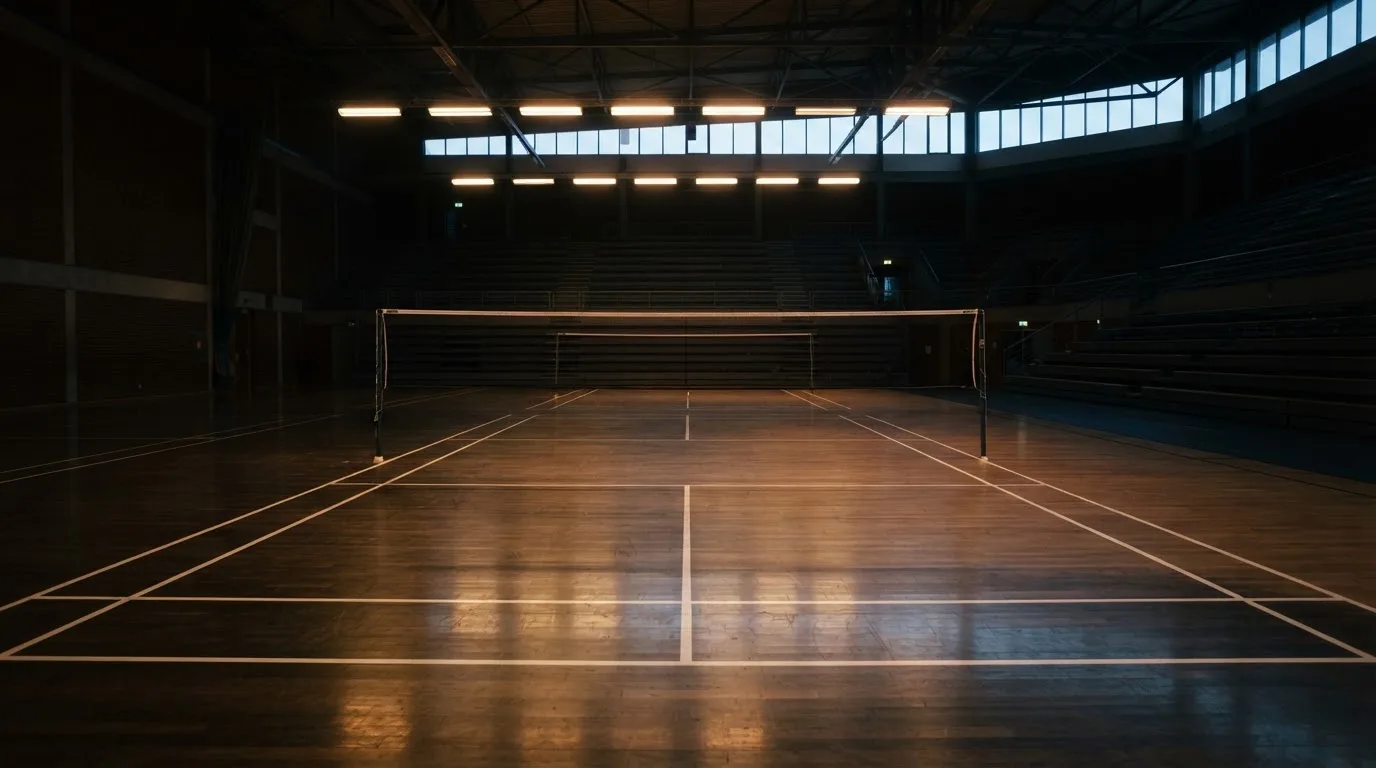 An empty football stadium with floodlight masts at dusk