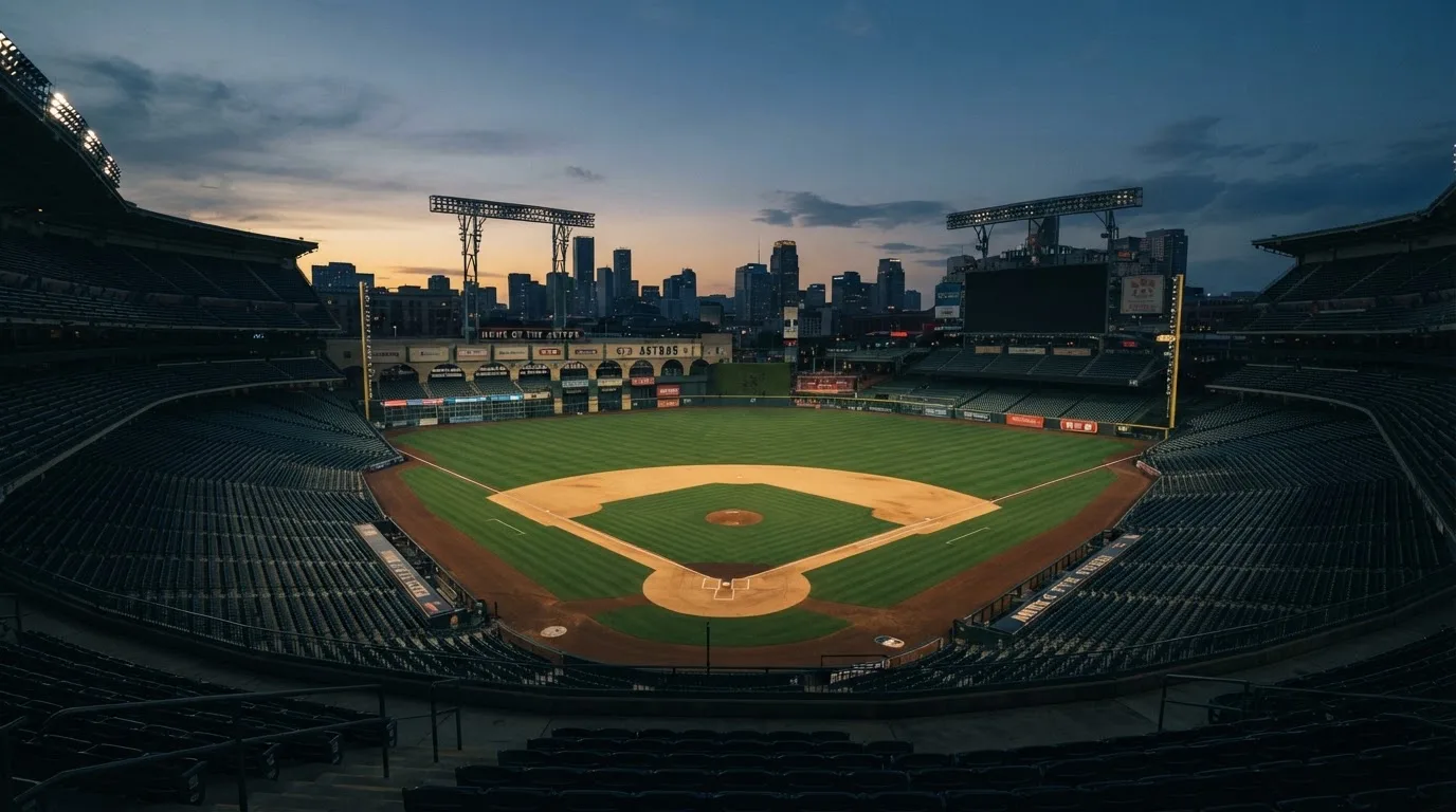 An empty football stadium with floodlight masts at dusk