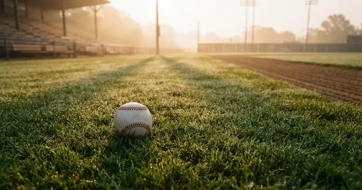 A ball on the centre spot of a grass pitch in morning light