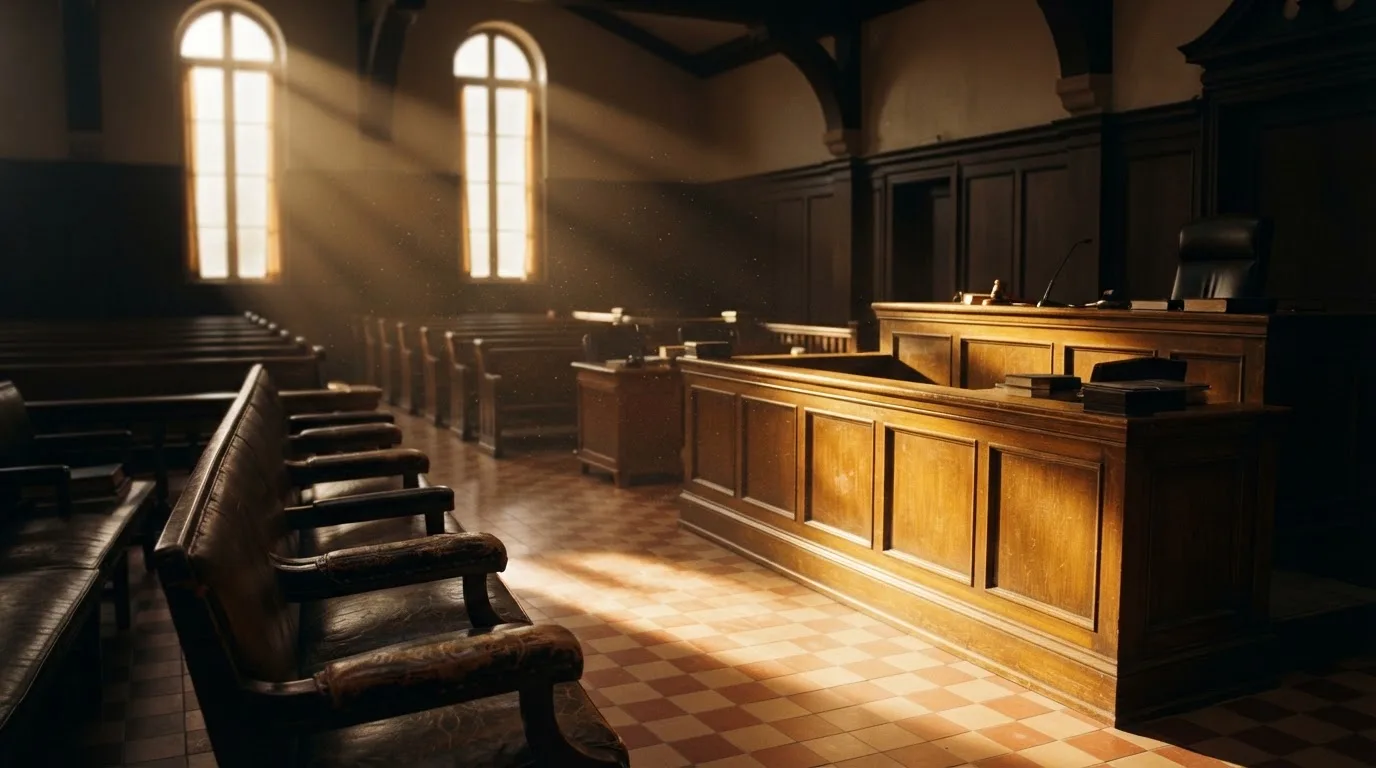 An empty courtroom with wooden benches in morning light