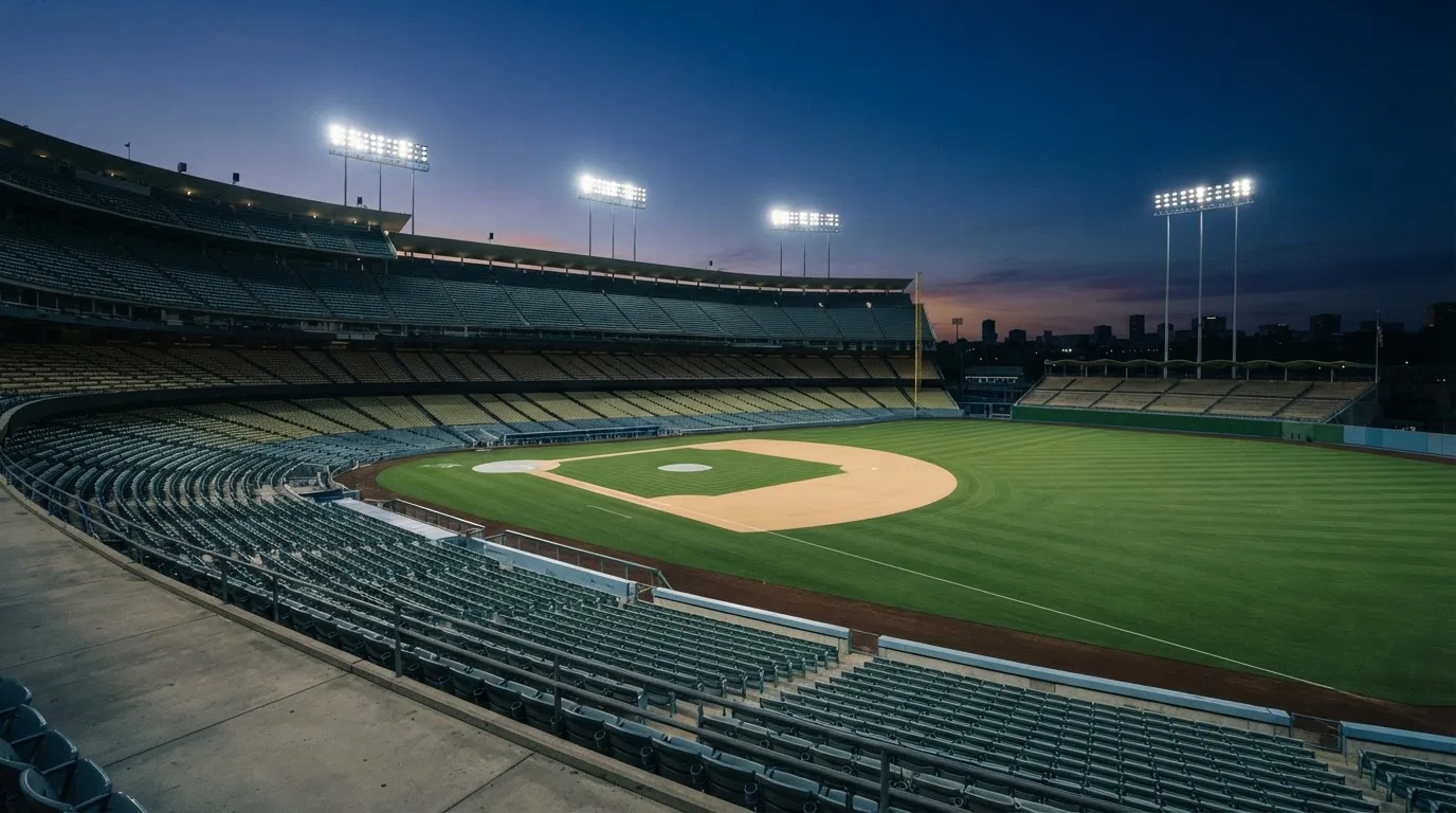 An empty football stadium with floodlight masts at dusk