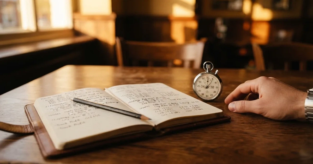 An open notebook with a pencil and a stopwatch on a wooden table