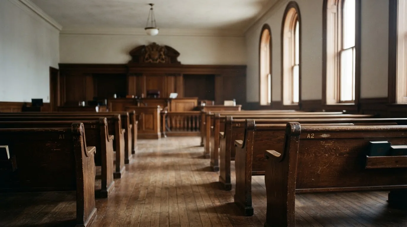 An empty courtroom with wooden benches in morning light