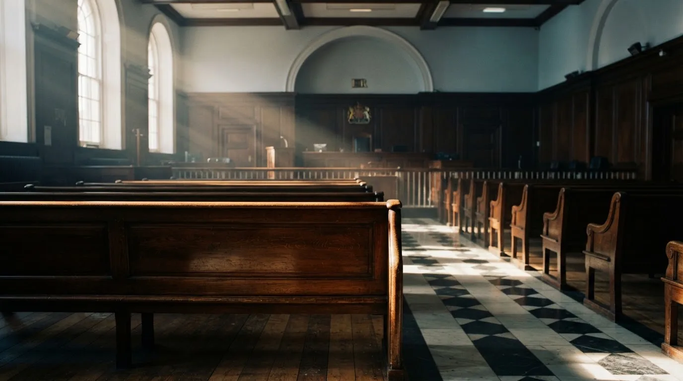 An empty courtroom with wooden benches in morning light