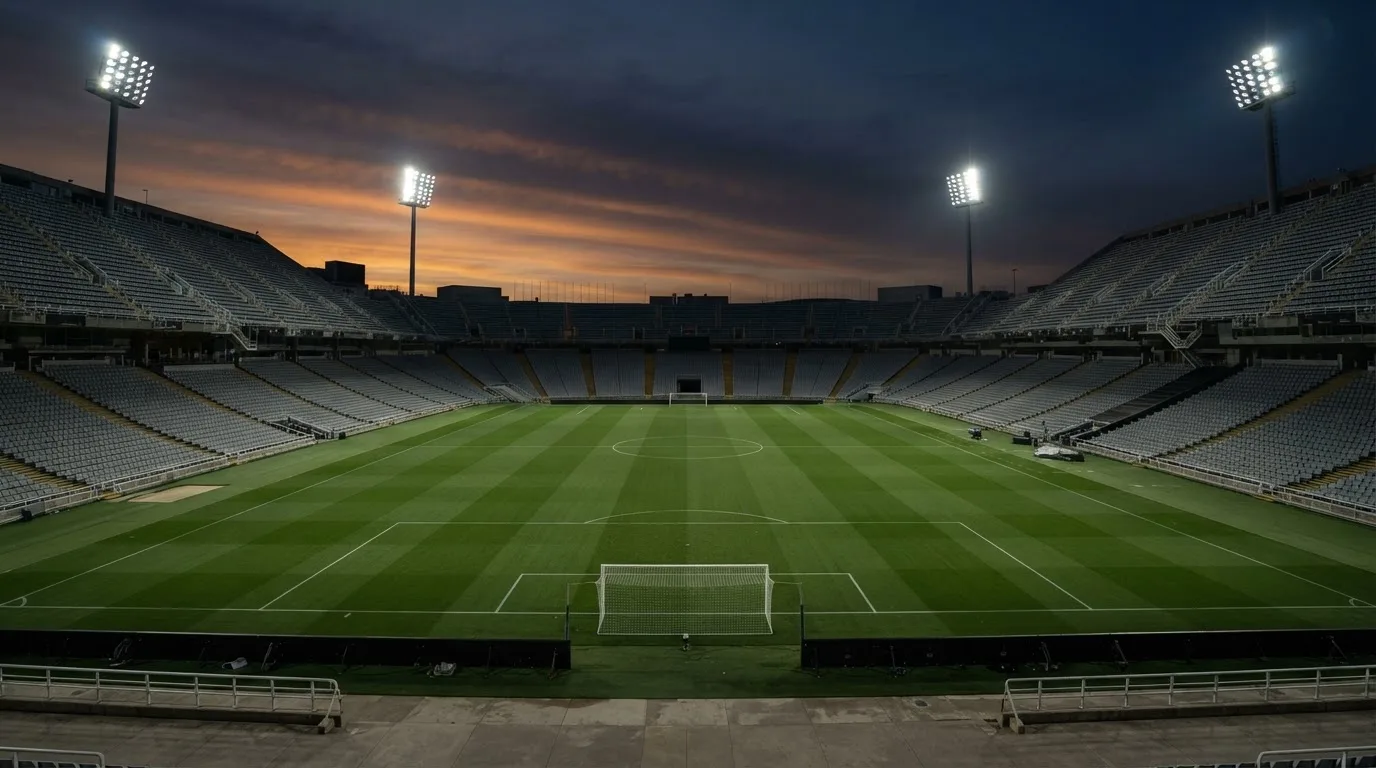 An empty football stadium with floodlight masts at dusk