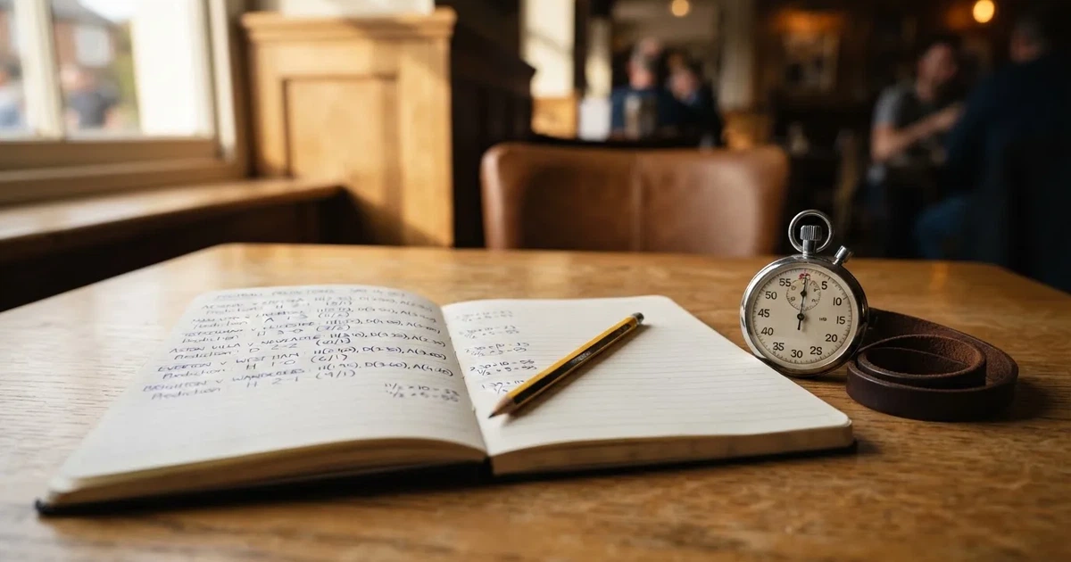 An open notebook with a pencil and a stopwatch on a wooden table