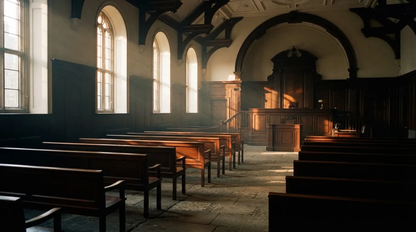 An empty courtroom with wooden benches in morning light