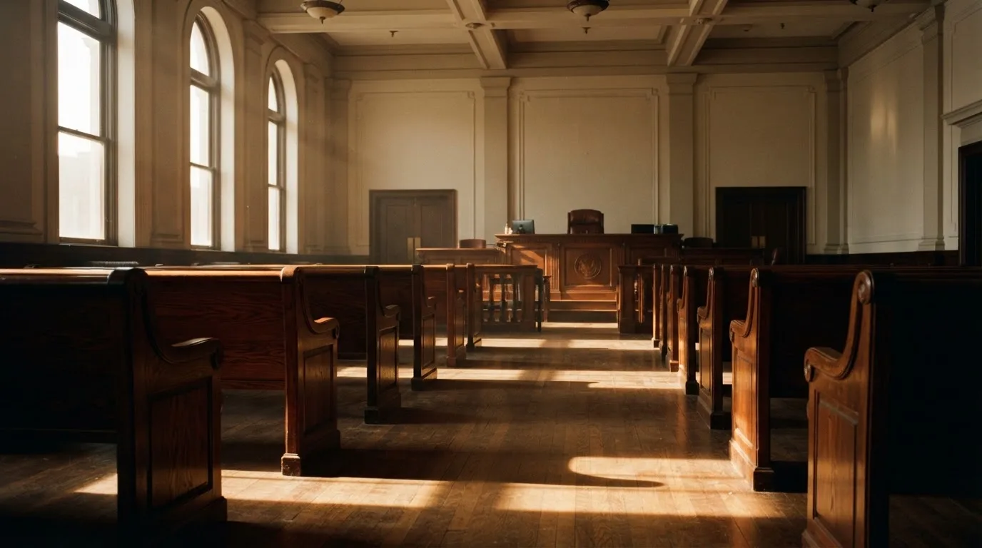 An empty courtroom with wooden benches in morning light