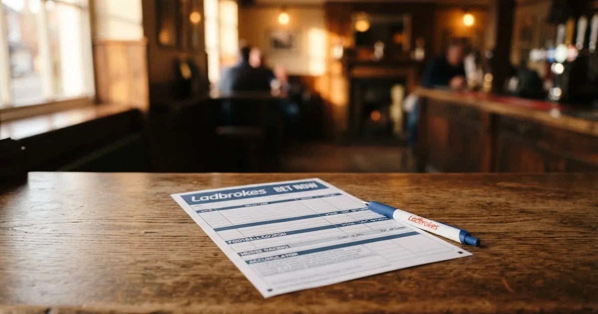 A blank paper betting slip beside a pen on a wooden counter