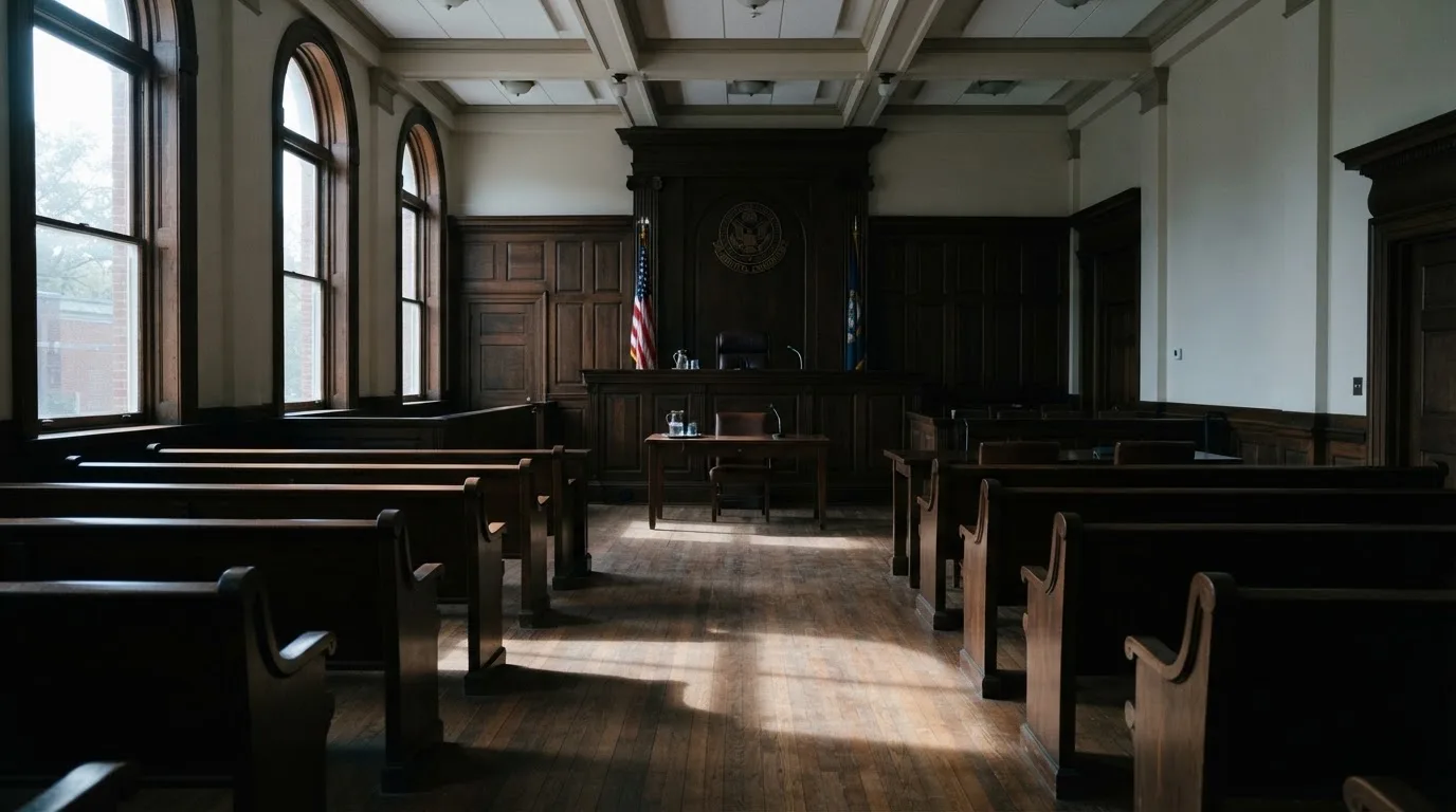 An empty courtroom with wooden benches in morning light