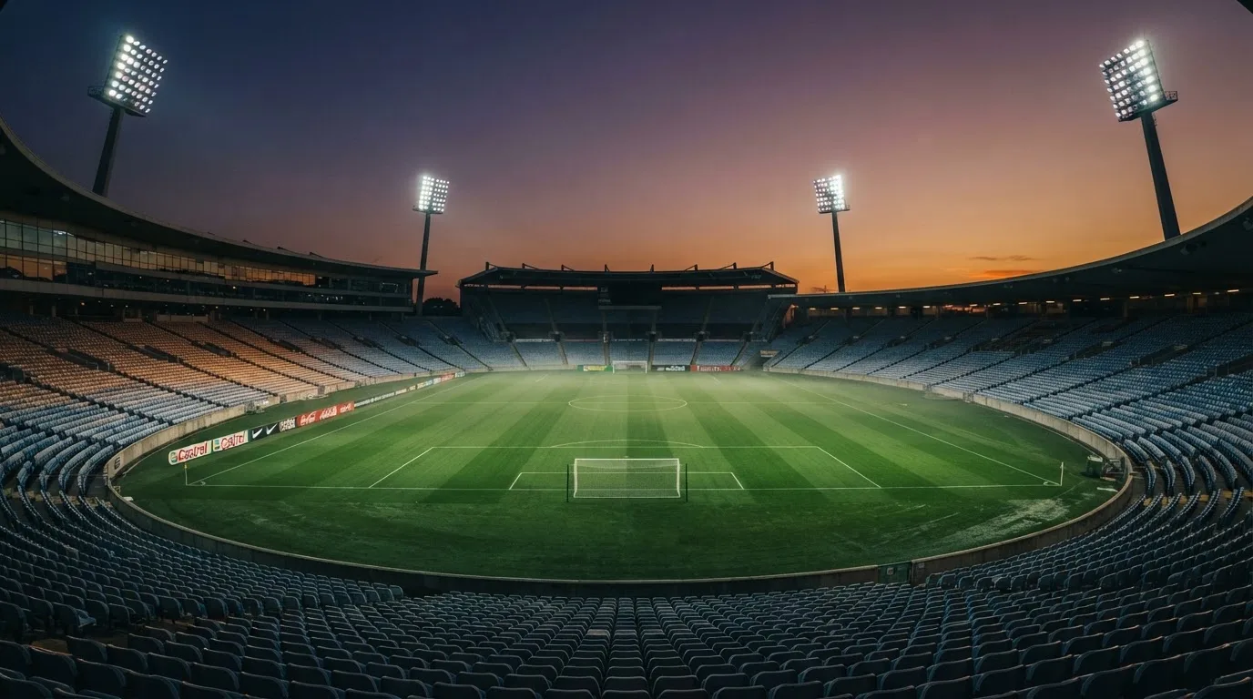 An empty football stadium with floodlight masts at dusk