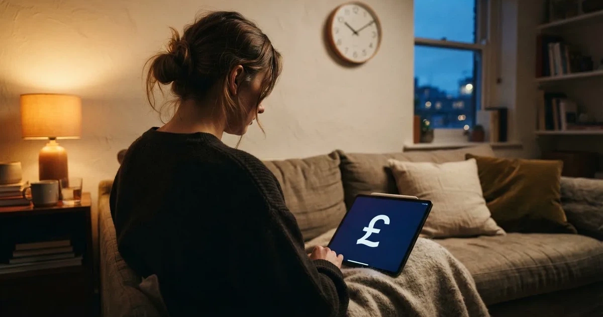 A person on a sofa looking thoughtfully at a tablet, a wall clock in the background