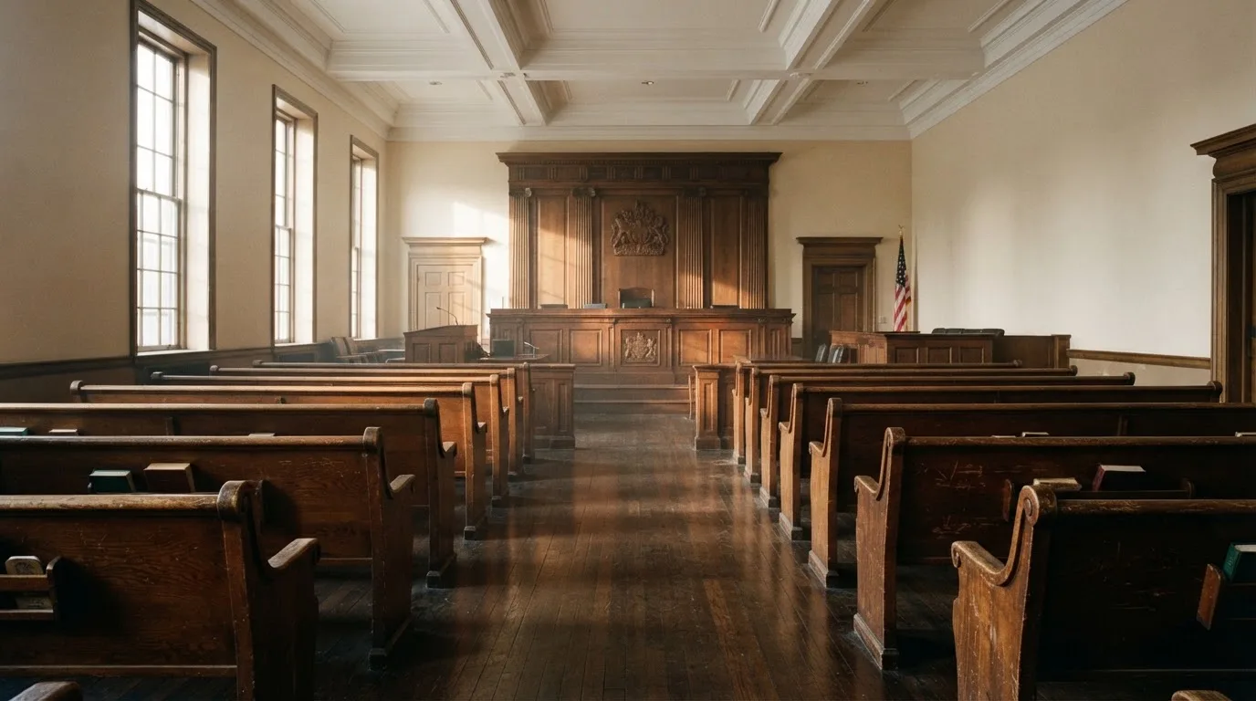 An empty courtroom with wooden benches in morning light