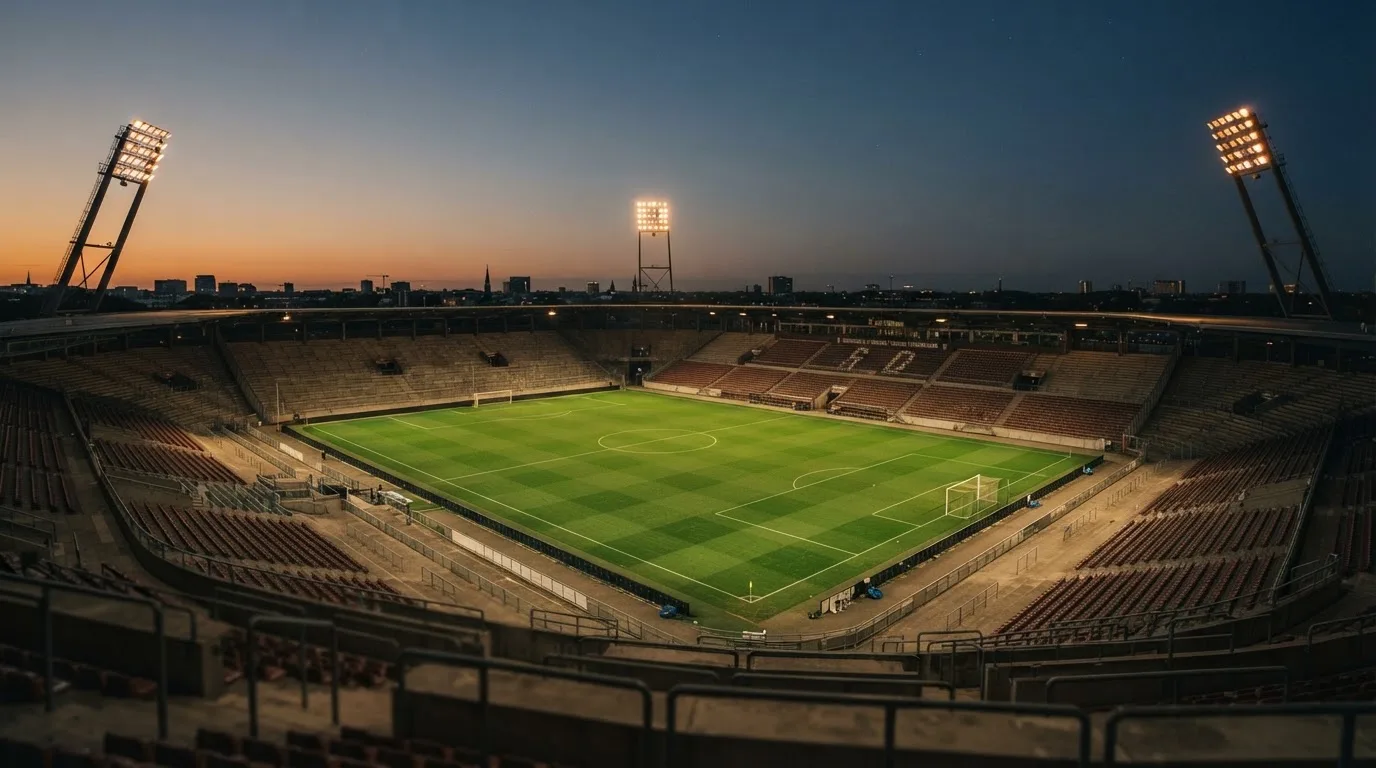 An empty football stadium with floodlight masts at dusk