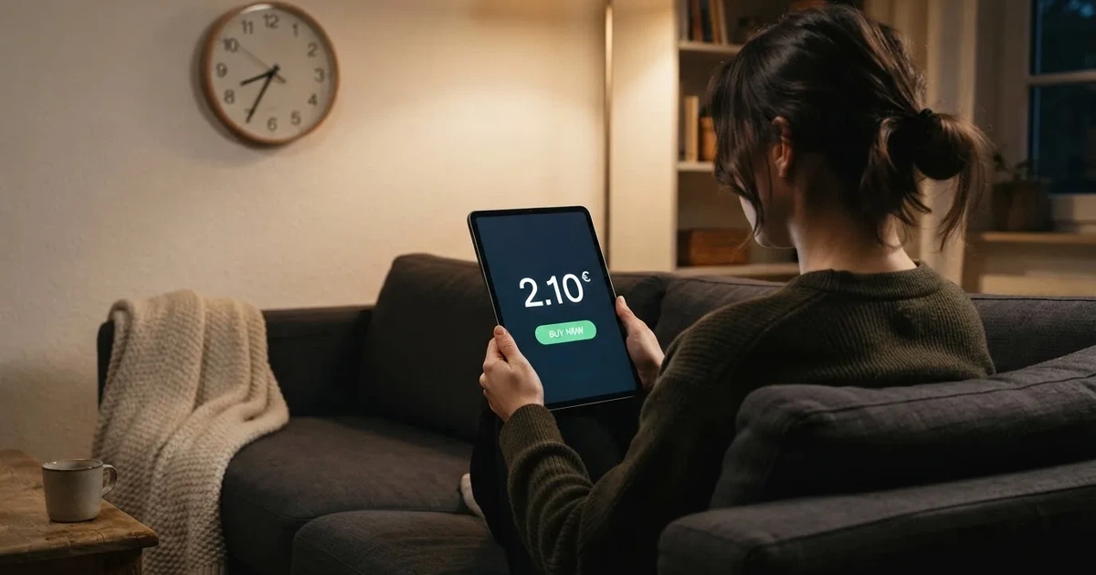 A person on a sofa looking thoughtfully at a tablet, a wall clock in the background