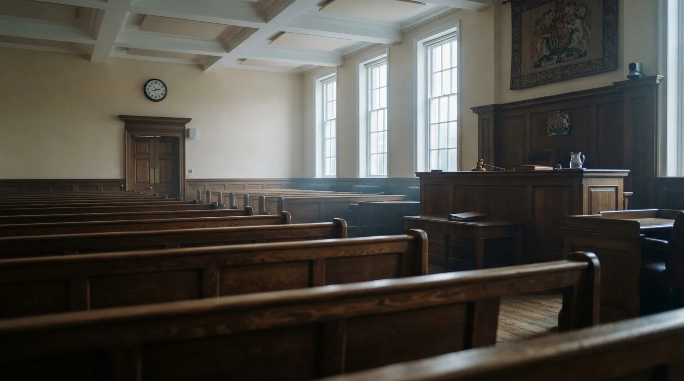 An empty courtroom with wooden benches in morning light