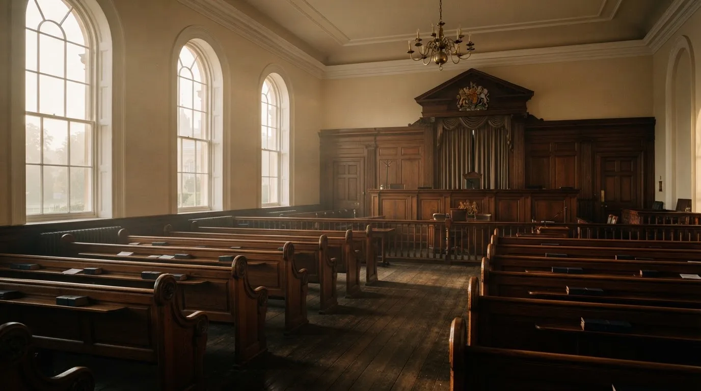 An empty courtroom with wooden benches in morning light