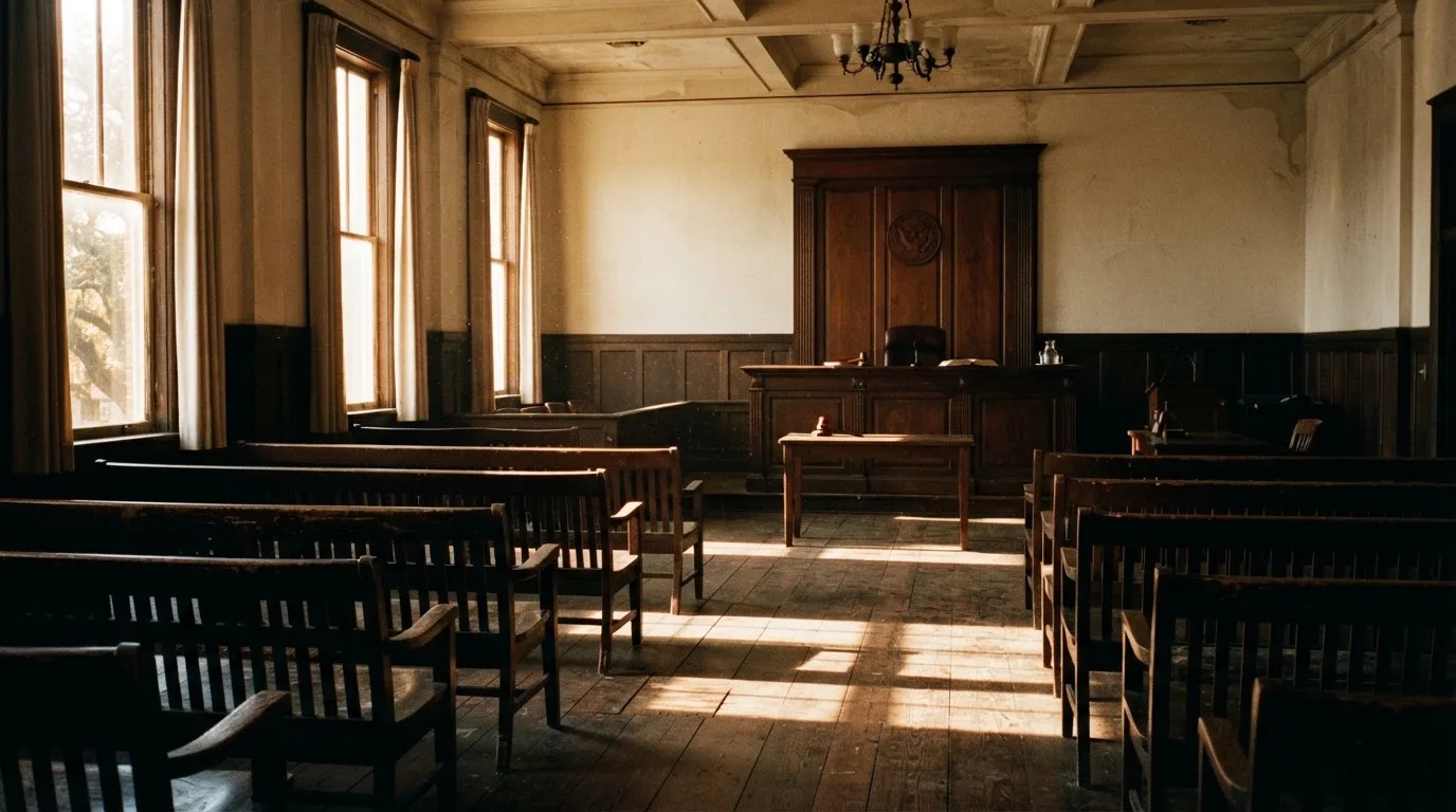 An empty courtroom with wooden benches in morning light