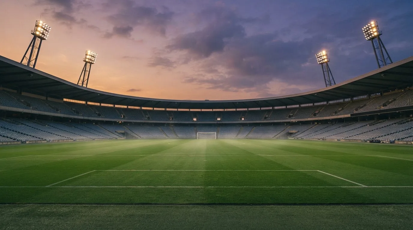An empty football stadium with floodlight masts at dusk