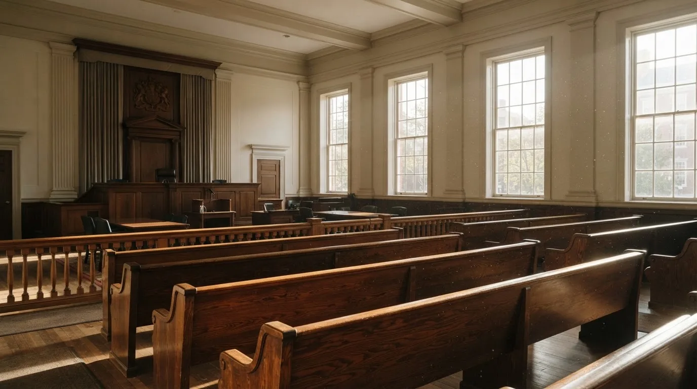 An empty courtroom with wooden benches in morning light