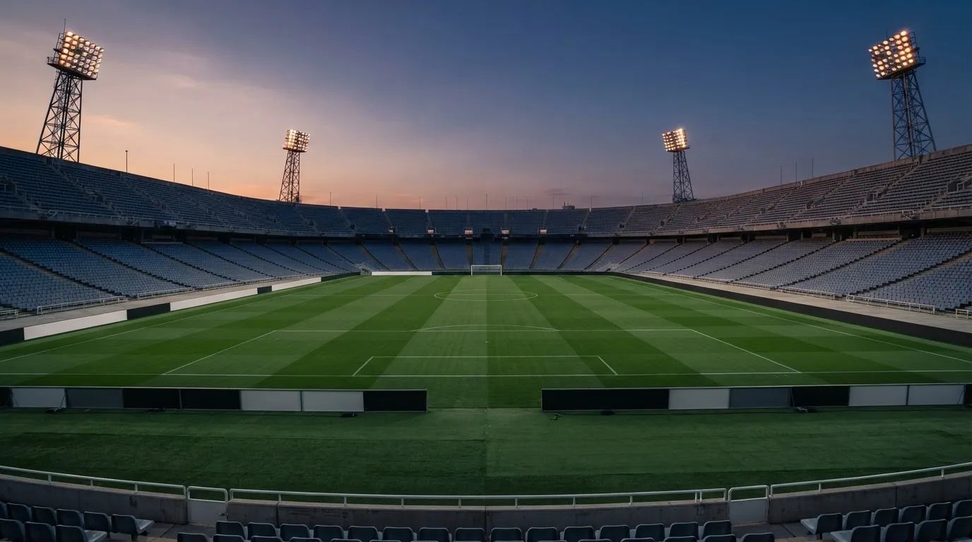 An empty football stadium with floodlight masts at dusk