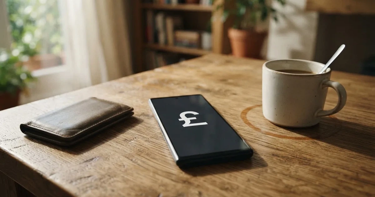 A smartphone on a wooden table beside a wallet and a coffee cup