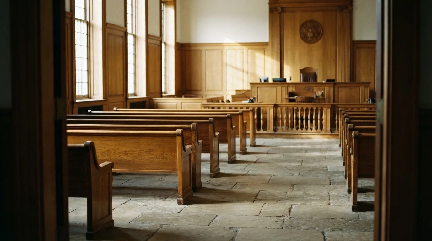 An empty courtroom with wooden benches in morning light