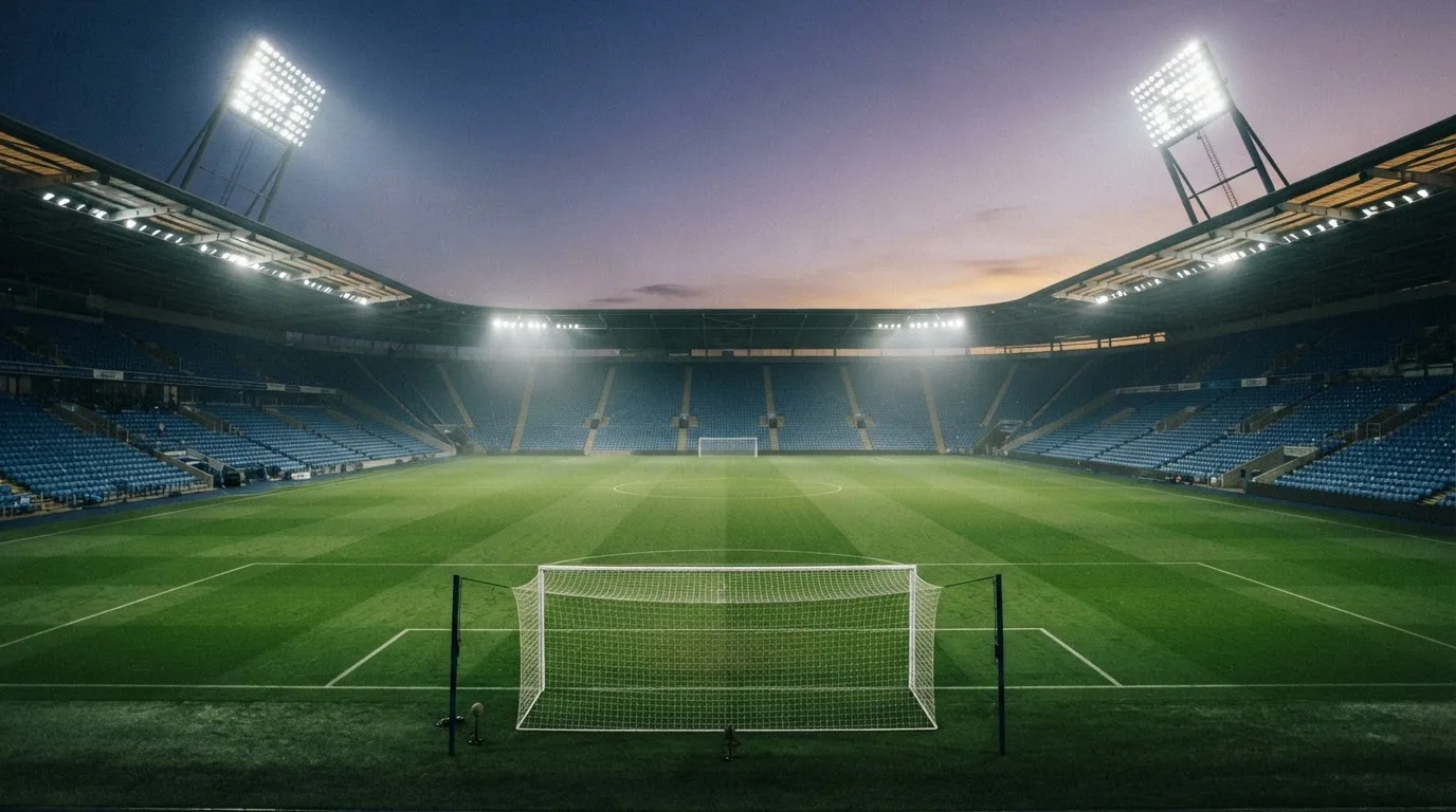 An empty football stadium with floodlight masts at dusk