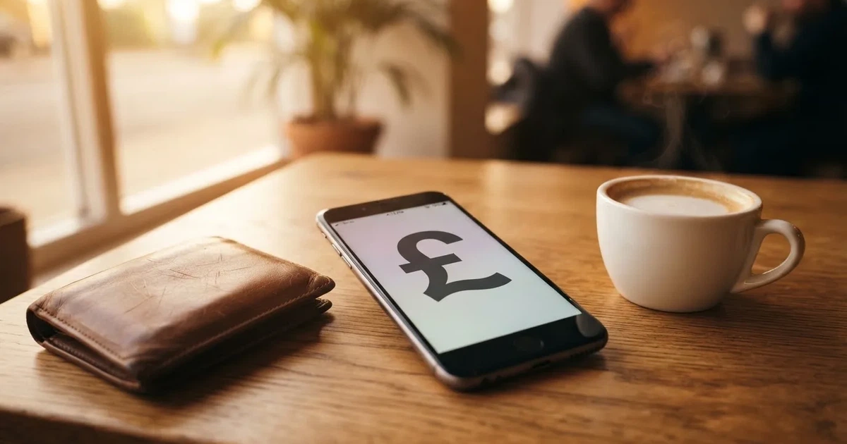 A smartphone on a wooden table beside a wallet and a coffee cup