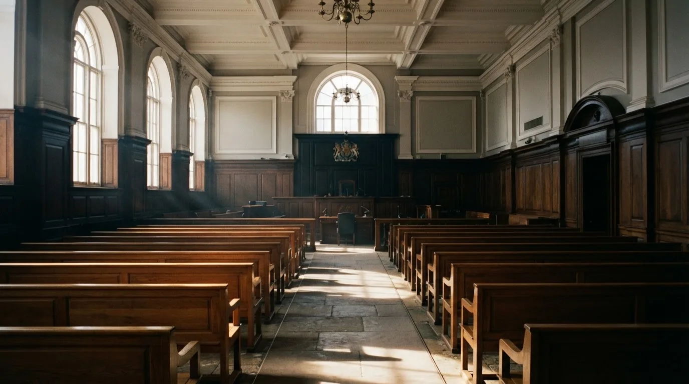 An empty courtroom with wooden benches in morning light