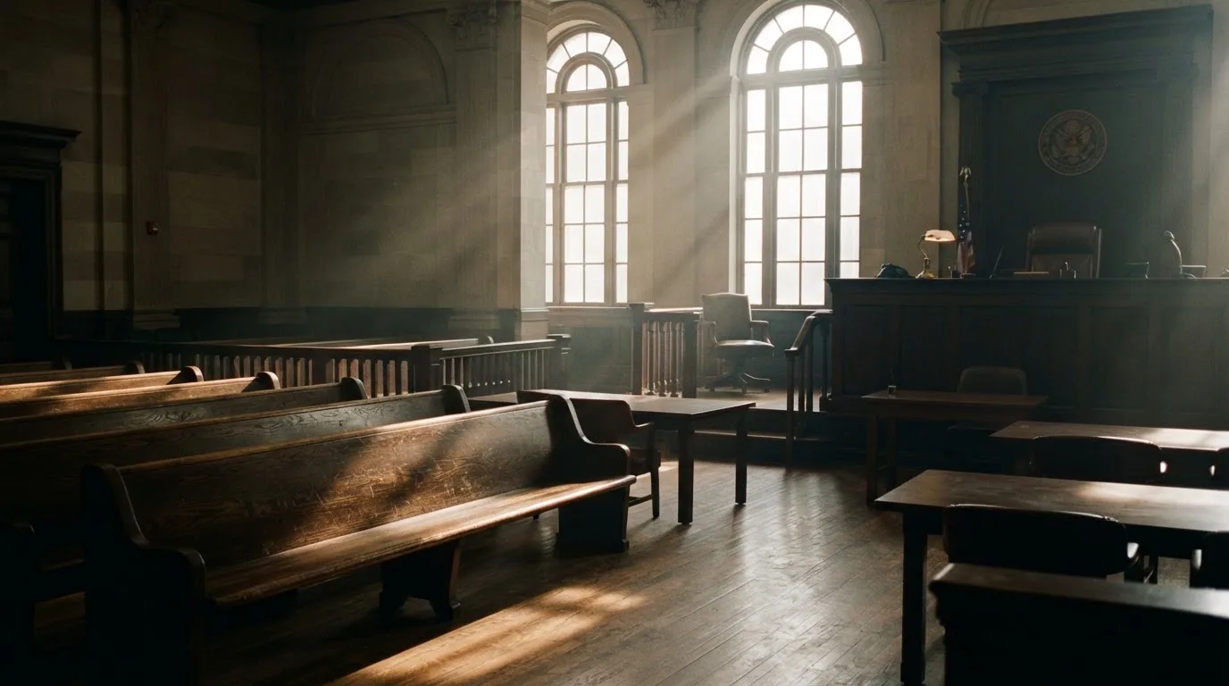 An empty courtroom with wooden benches in morning light