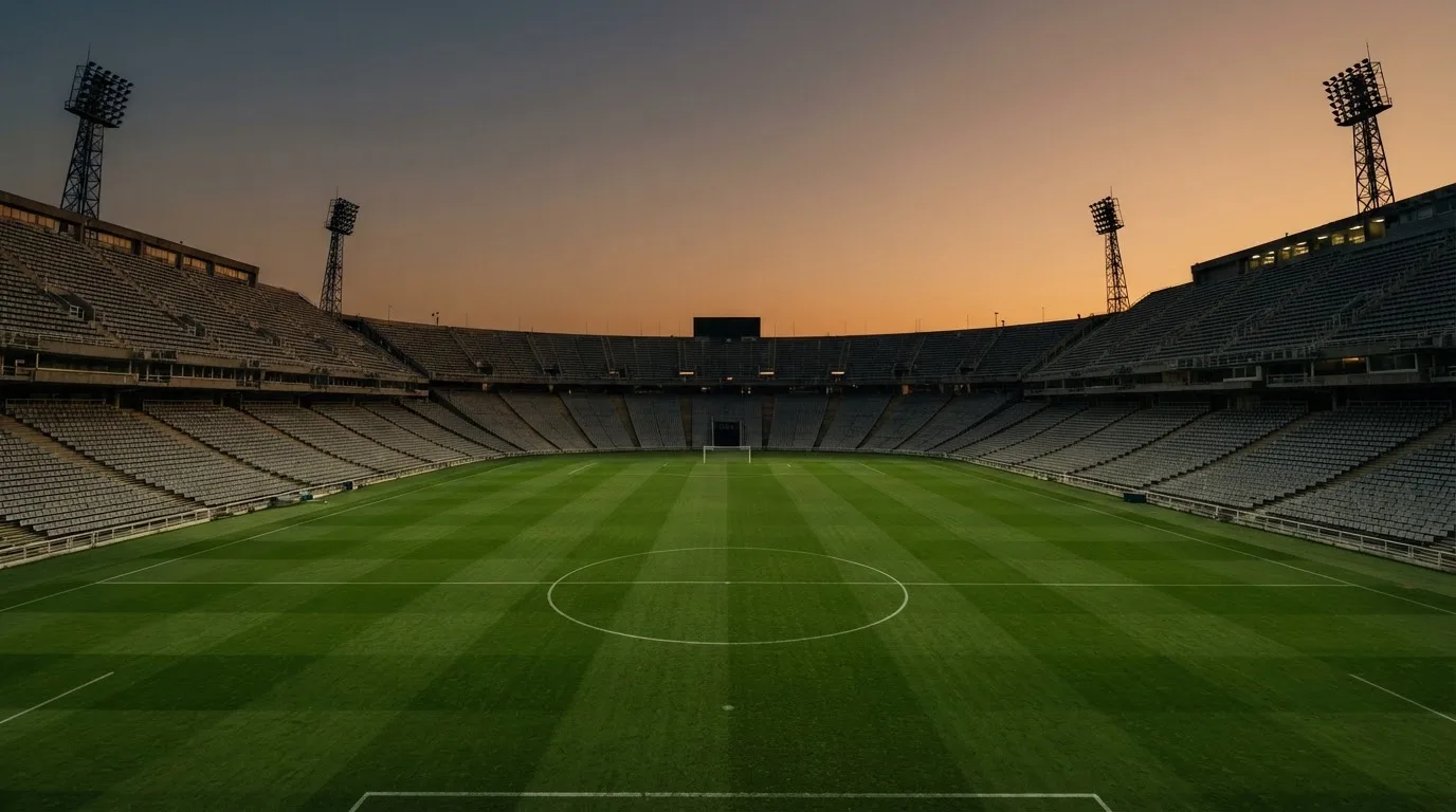 An empty football stadium with floodlight masts at dusk