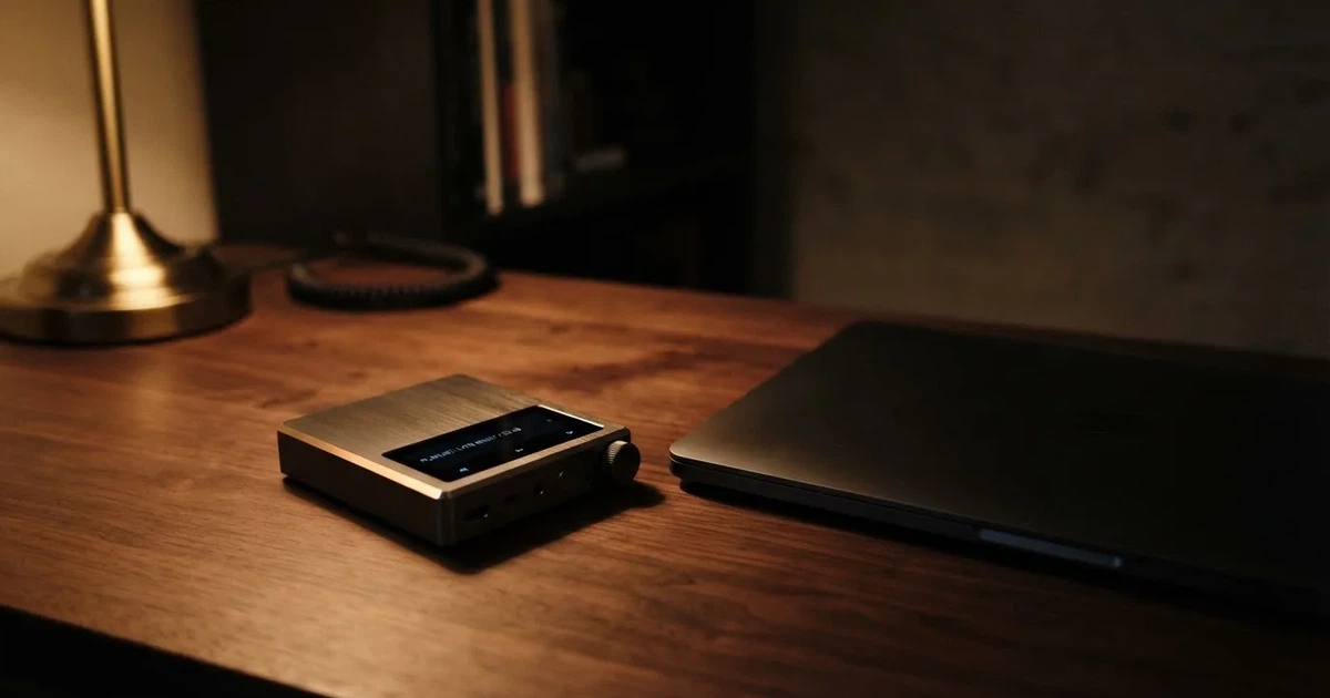 A hardware wallet and a closed laptop on a desk in dim light