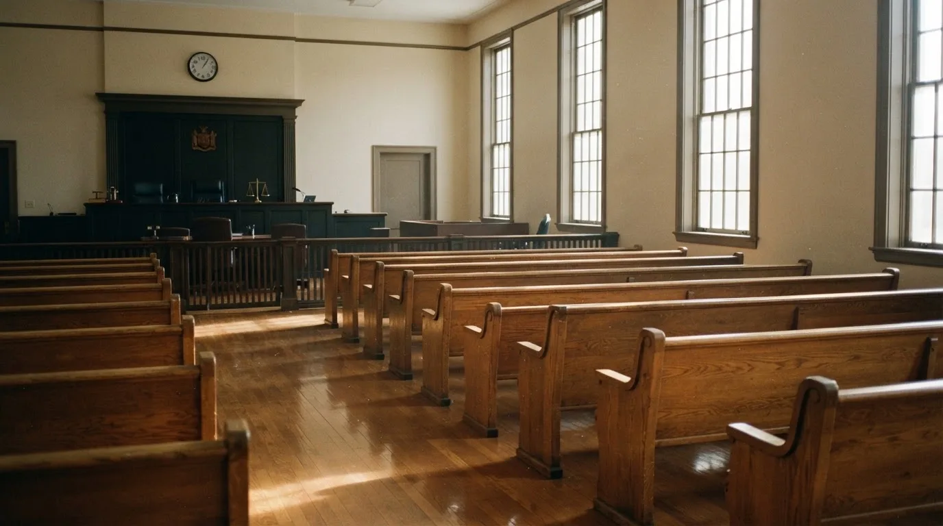 An empty courtroom with wooden benches in morning light