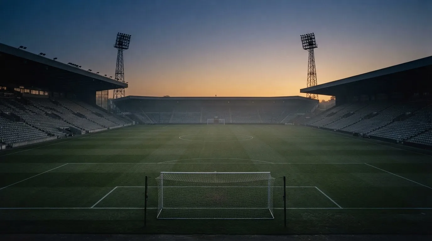 An empty football stadium with floodlight masts at dusk